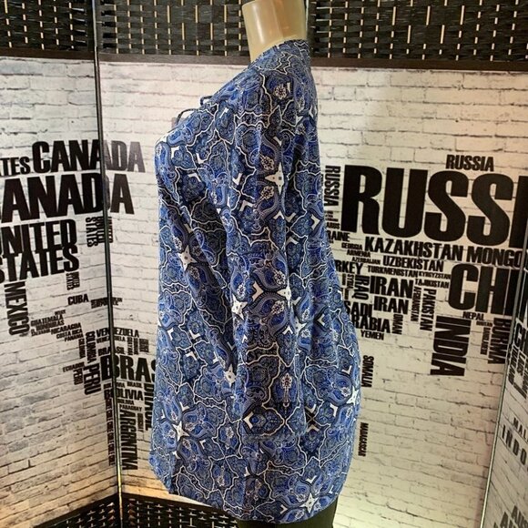 Ellos10 Blue Geometric Print Tie Neck 3/4 Bell Sleeve Top - Picture 5 of 6